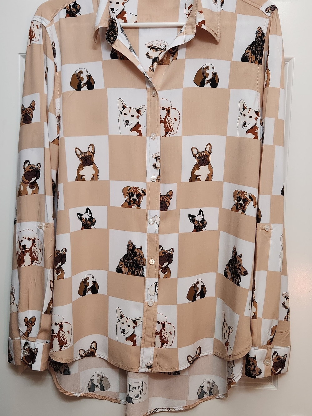 Jane+Delancey, Dog Print Beige Button-Up Pet Lover Shirt, W-XL.
